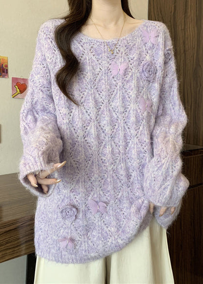 Loose Purple O Neck Butterfly Hollow Out Knit Sweater Fall
