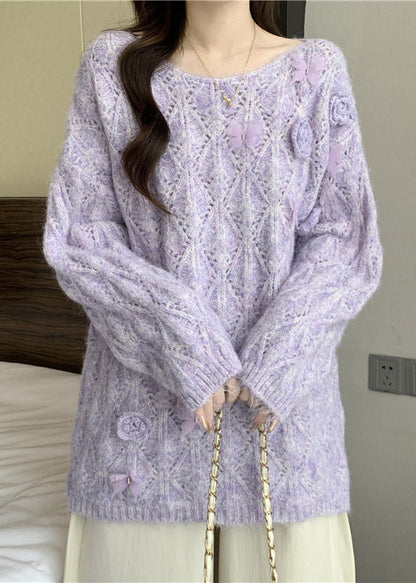 Loose Purple O Neck Butterfly Hollow Out Knit Sweater Fall
