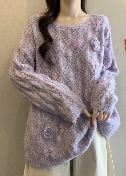 Loose Purple O Neck Butterfly Hollow Out Knit Sweater Fall