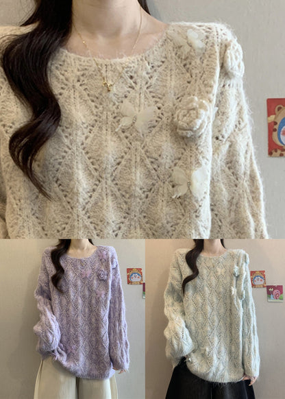 Loose Purple O Neck Butterfly Hollow Out Knit Sweater Fall