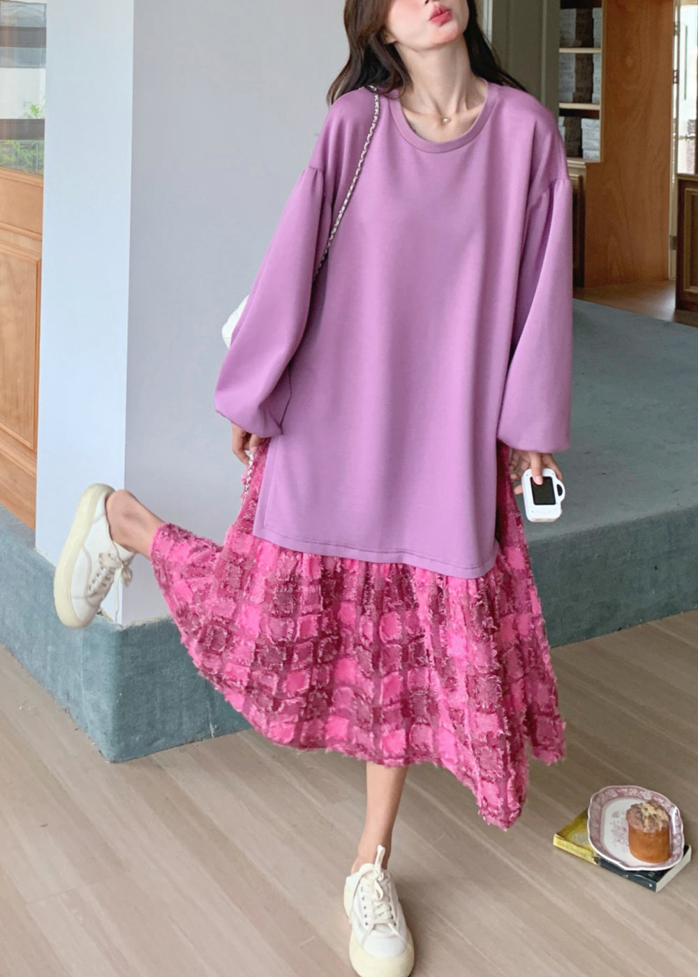 Loose Purple O-Neck Plaid Maxi Dress Spring