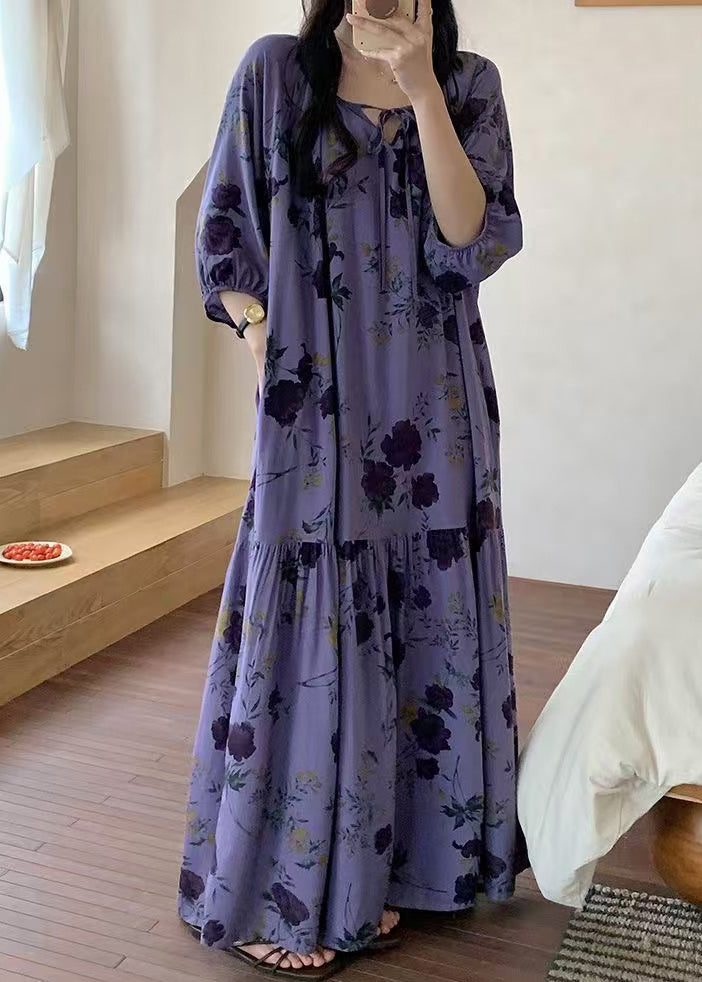 Loose Purple O Neck Print Wrinkled Cotton Pajamas Dresses Summer