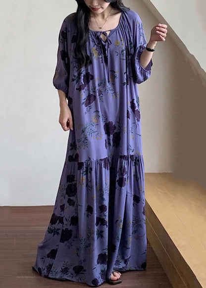 Loose Purple O Neck Print Wrinkled Cotton Pajamas Dresses Summer