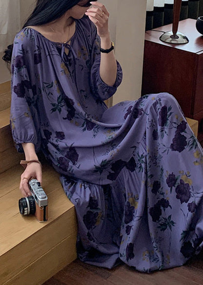 Loose Purple O Neck Print Wrinkled Cotton Pajamas Dresses Summer