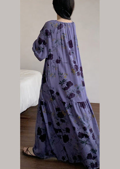Loose Purple O Neck Print Wrinkled Cotton Pajamas Dresses Summer