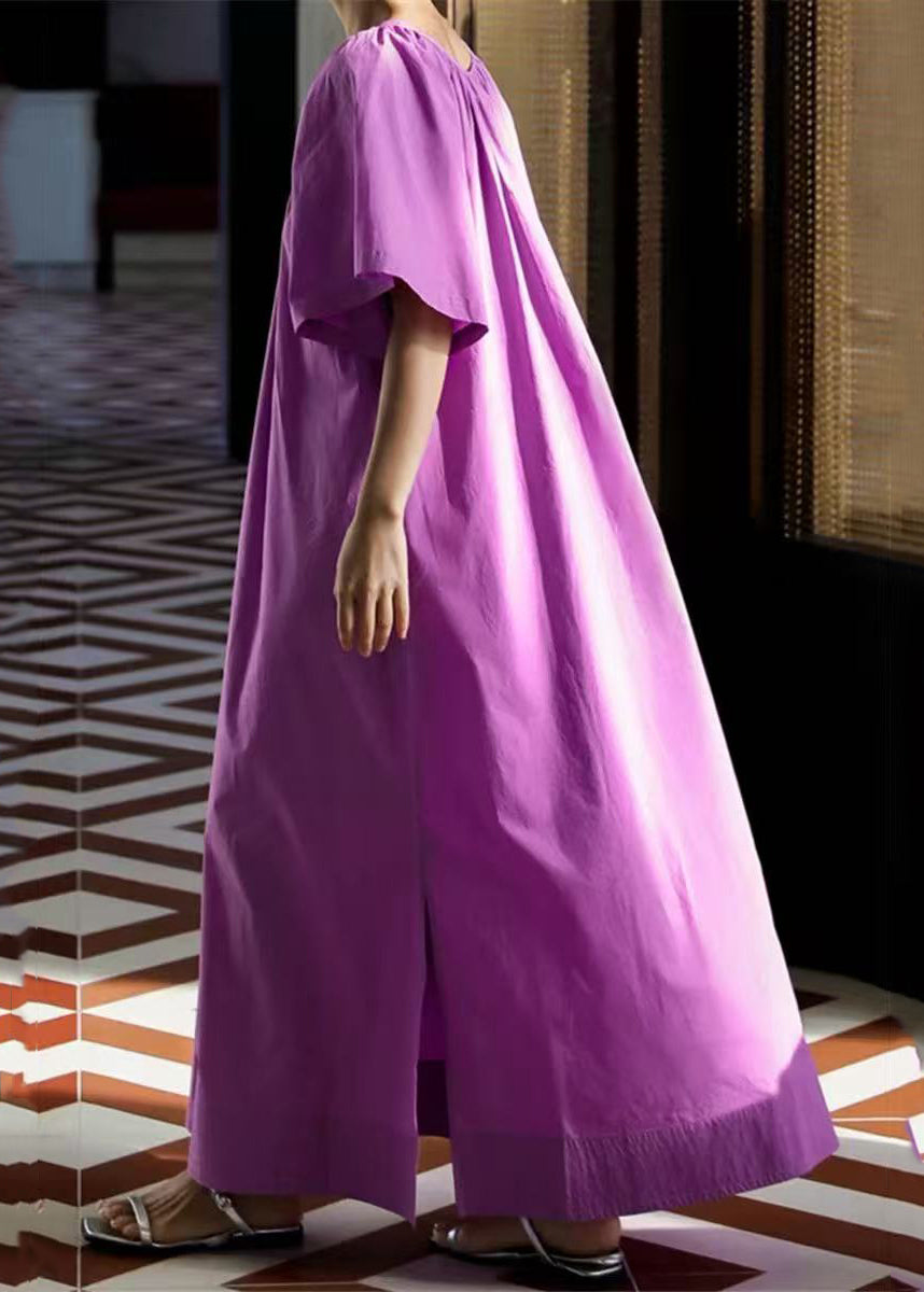 Loose Purple O-Neck Side Open Cotton Maxi Dresses Summer