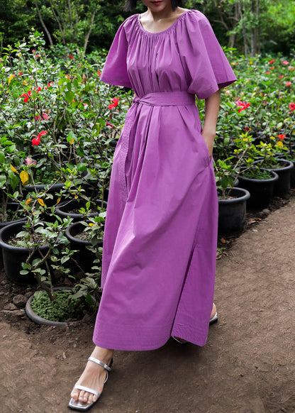 Loose Purple O-Neck Side Open Cotton Maxi Dresses Summer