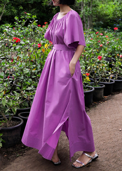 Loose Purple O-Neck Side Open Cotton Maxi Dresses Summer