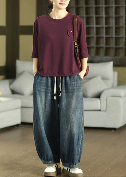 Loose Purple Oversized Cotton Shirt Top Half Sleeve