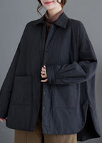 Loose Purple Peter Pan Collar Pockets Patchwork Parkas Coats Long Sleeve