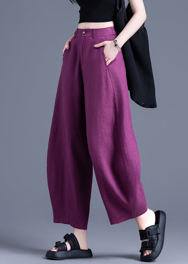 Loose Purple Pockets High Waist Linen Crop Pants Summer