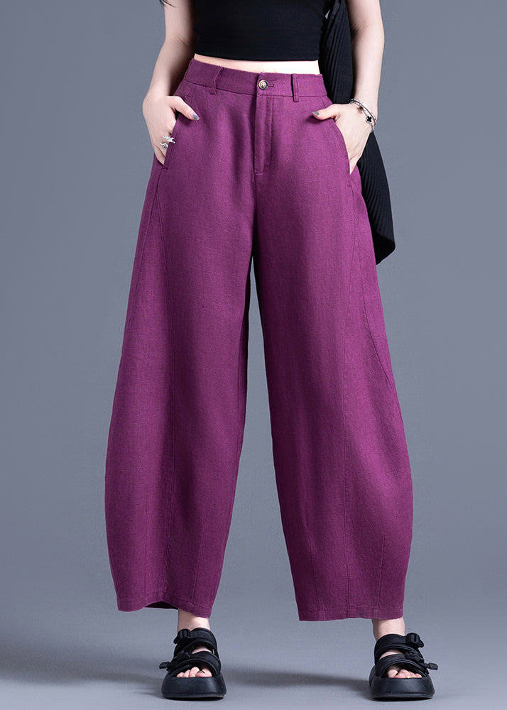 Loose Purple Pockets High Waist Linen Crop Pants Summer