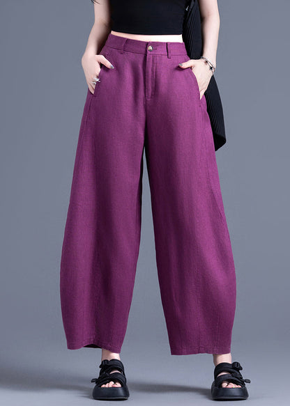 Loose Purple Pockets High Waist Linen Crop Pants Summer