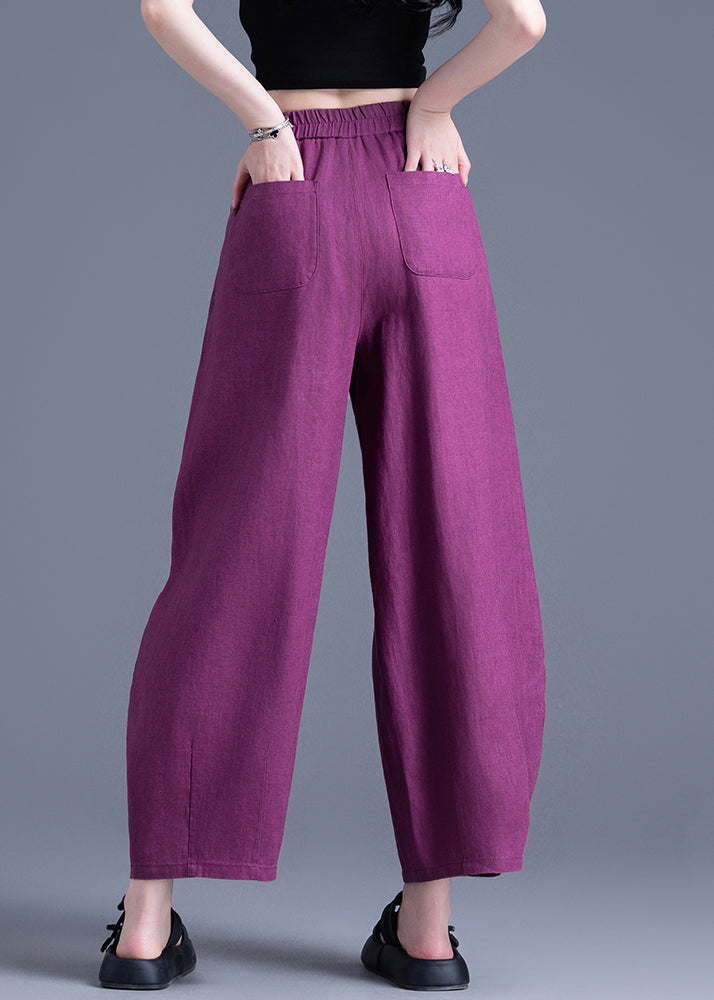 Loose Purple Pockets High Waist Linen Crop Pants Summer