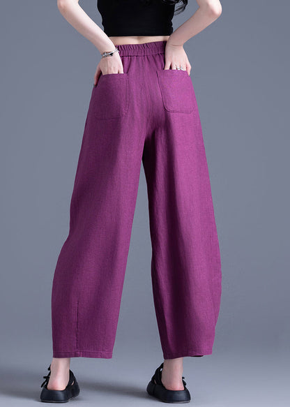 Loose Purple Pockets High Waist Linen Crop Pants Summer