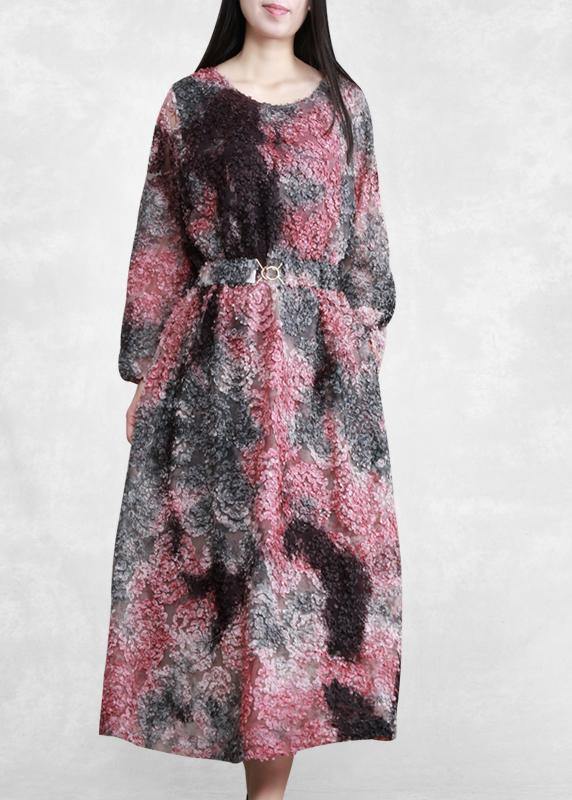 Loose Purple Print Clothes O Neck Tie Waist Art Spring Dress - SooLinen