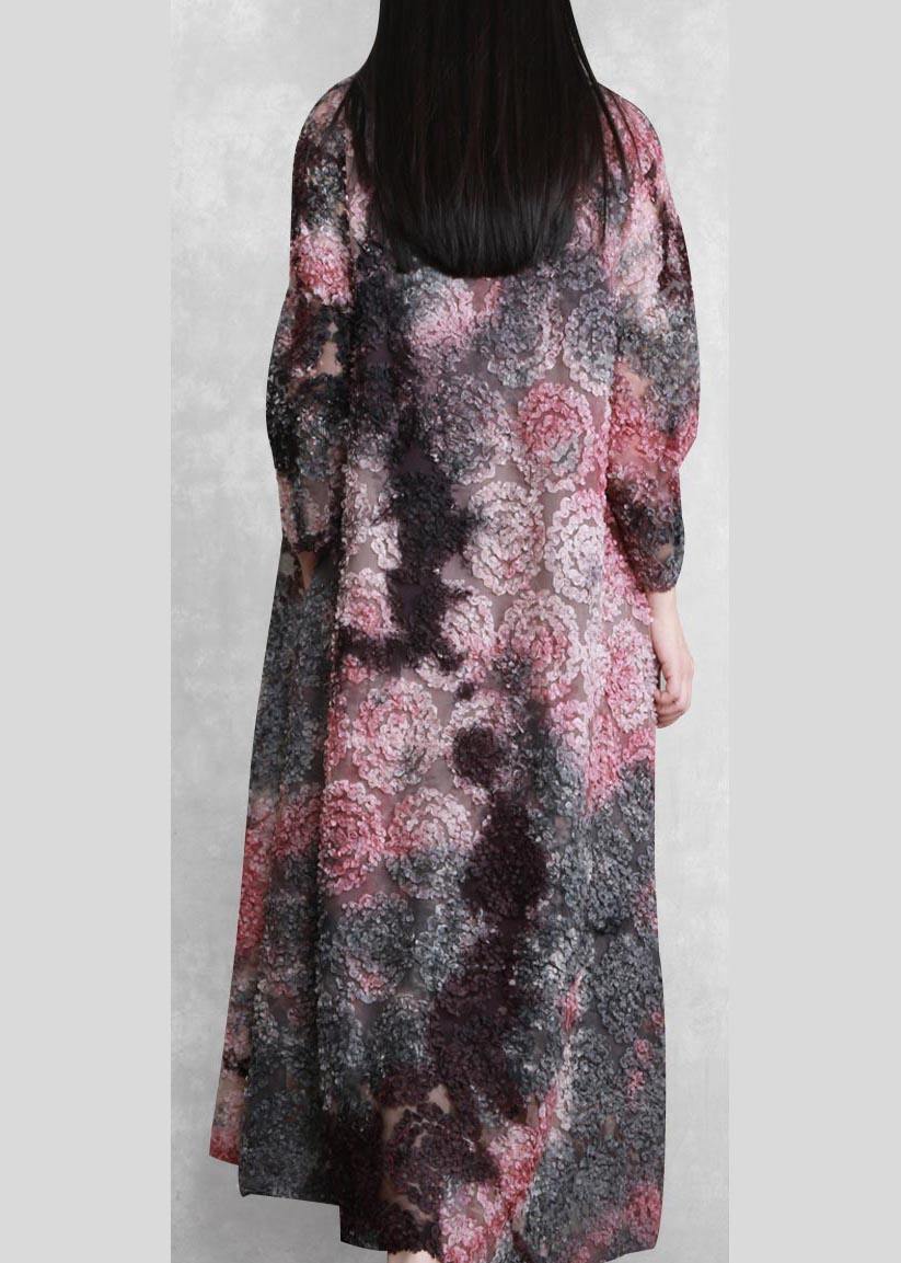 Loose Purple Print Clothes O Neck Tie Waist Art Spring Dress - SooLinen