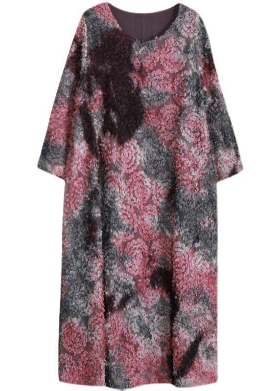 Loose Purple Print Clothes O Neck Tie Waist Art Spring Dress - SooLinen