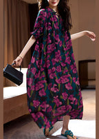 Loose Purple Print Ruffled Lace Up Chiffon Long Dresses Summer