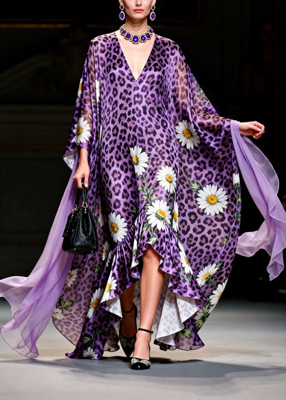 Loose Purple Ruffled Asymmetrical Design Print Chiffon Long Dresses Summer