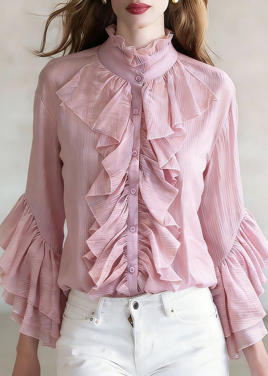 Loose Purple Ruffled Button Shirt Top Flare Sleeve