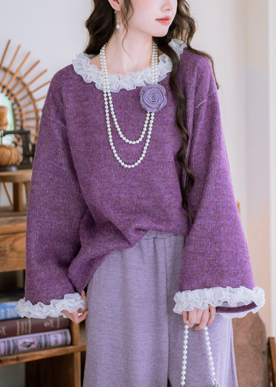 Loose Purple Ruffled Floral Patchwork Knit Sweater Flare Sleeve