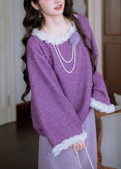 Loose Purple Ruffled Floral Patchwork Knit Sweater Flare Sleeve
