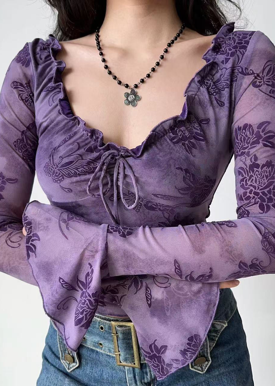 Loose Purple Ruffled Print Cotton T Shirts Flare Sleeve