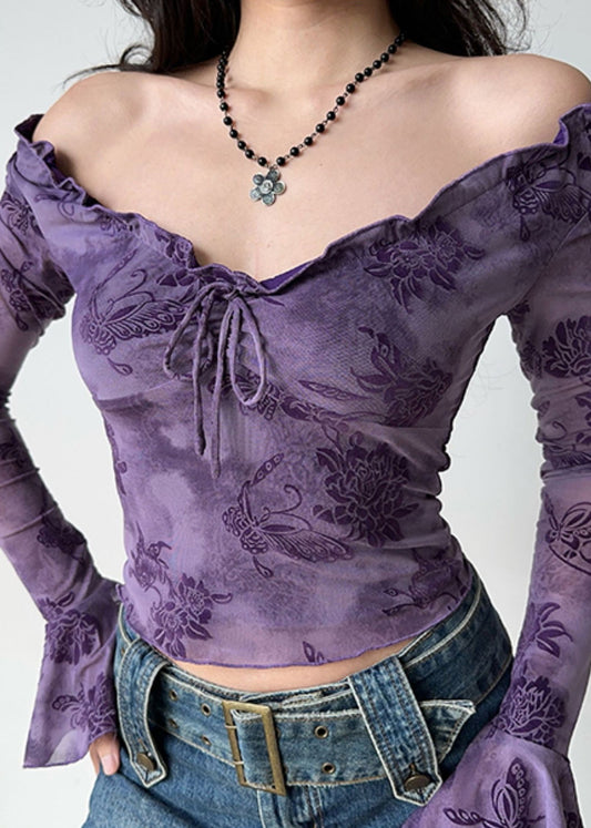 Loose Purple Ruffled Print Cotton T Shirts Flare Sleeve