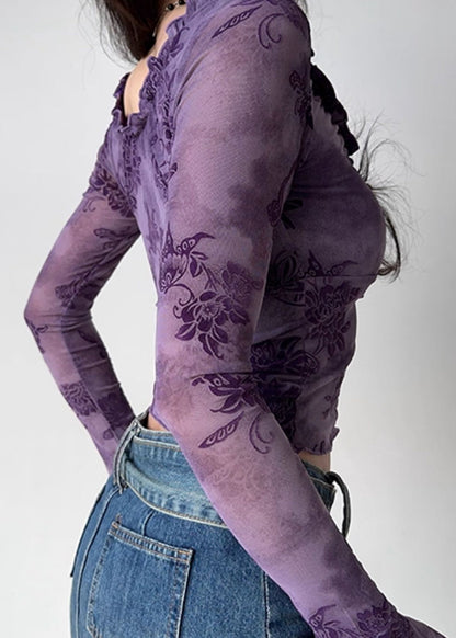 Loose Purple Ruffled Print Cotton T Shirts Flare Sleeve