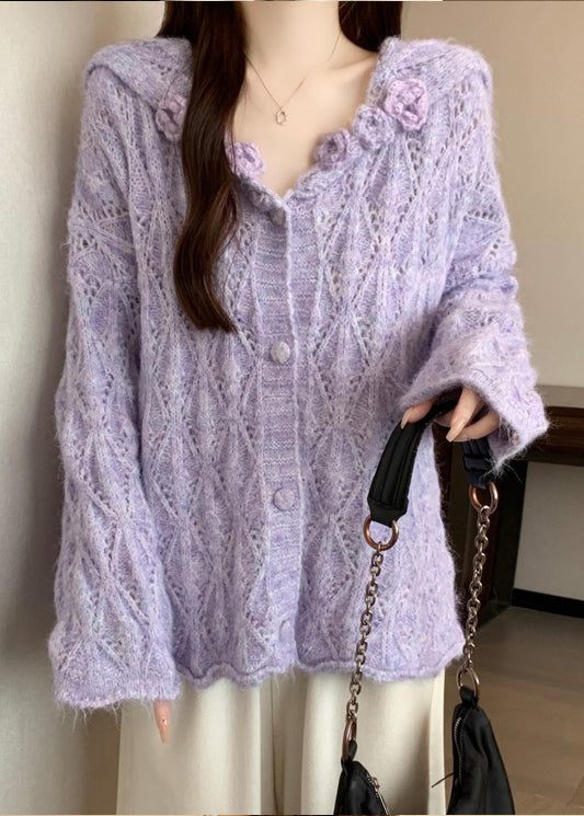 Loose Purple Sailor Collar Hollow Out Floral Knit Cardigans Fall