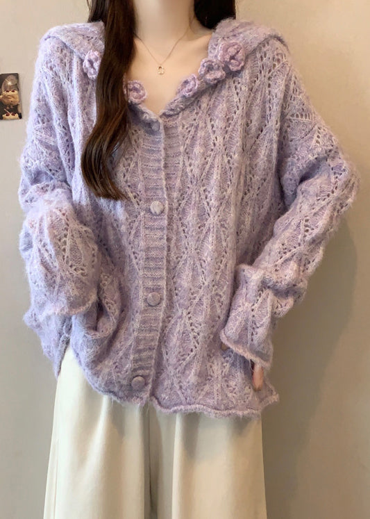Loose Purple Sailor Collar Hollow Out Floral Knit Cardigans Fall