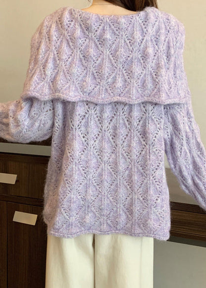 Loose Purple Sailor Collar Hollow Out Floral Knit Cardigans Fall