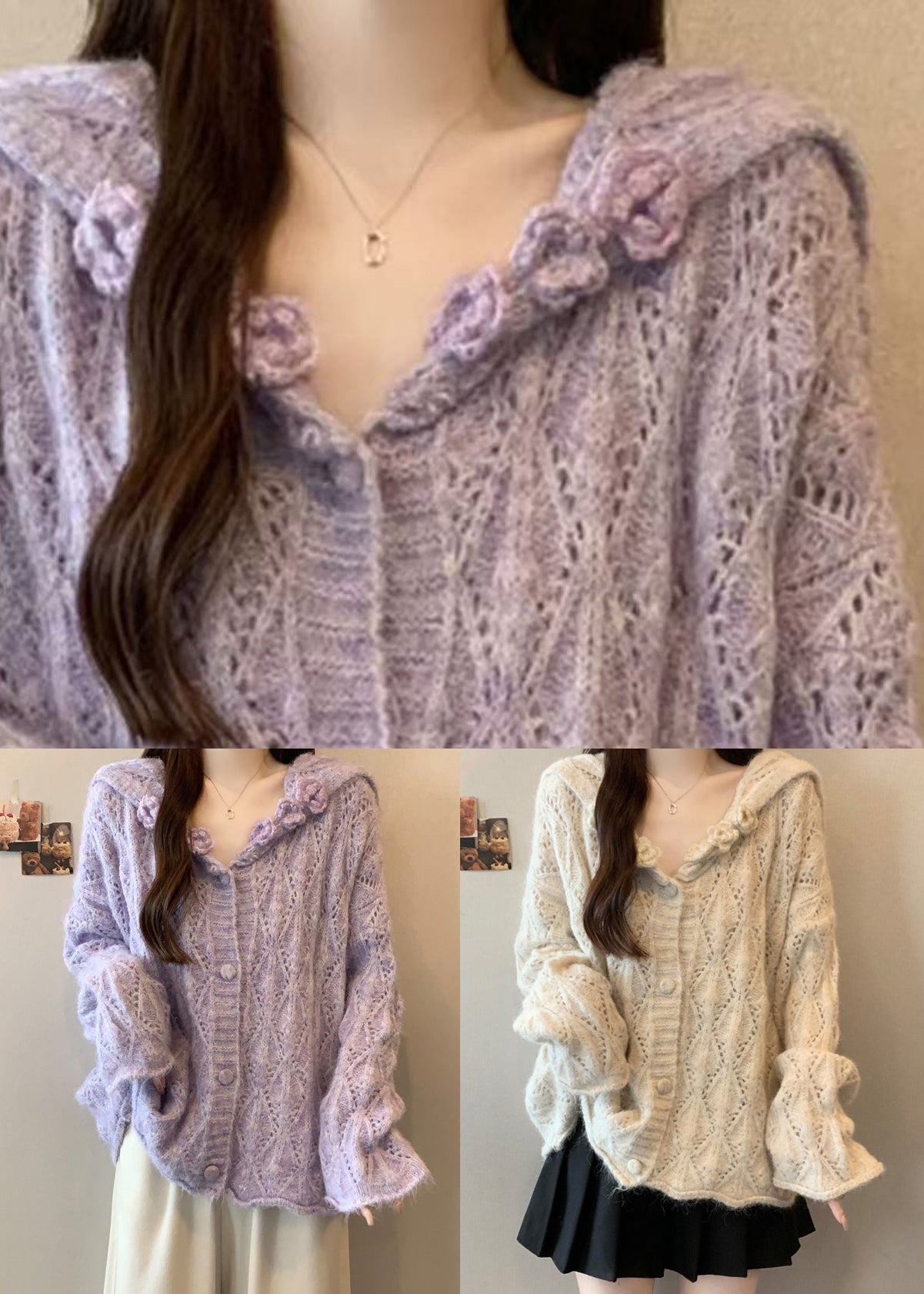Loose Purple Sailor Collar Hollow Out Floral Knit Cardigans Fall