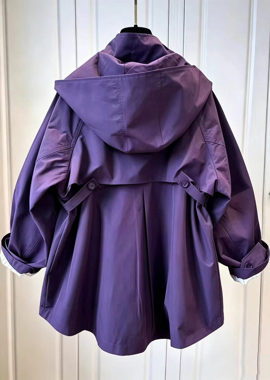 Loose Purple Stand Collar Hooded Oversized Pockets Windbreaker Coat Fall