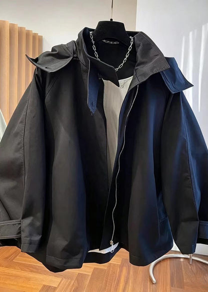 Loose Purple Stand Collar Hooded Oversized Pockets Windbreaker Coat Fall