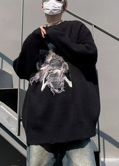 Loose Purple Tasseled Hole Knit Men Sweater Winter