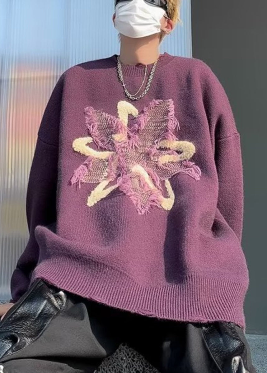 Loose Purple Tasseled Hole Knit Men Sweater Winter