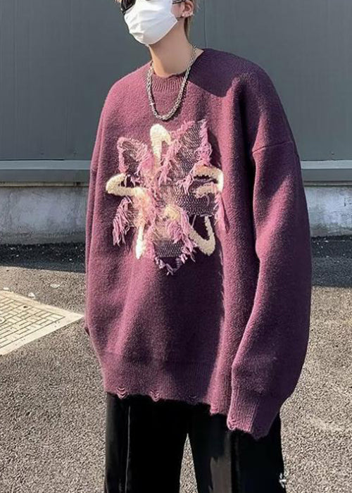 Loose Purple Tasseled Hole Knit Men Sweater Winter