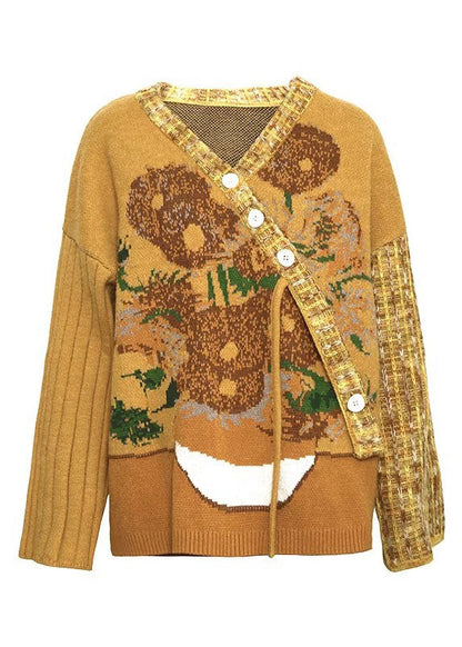 Loose Purple V Neck Floral Button Cotton Knit Sweater Coats Fall