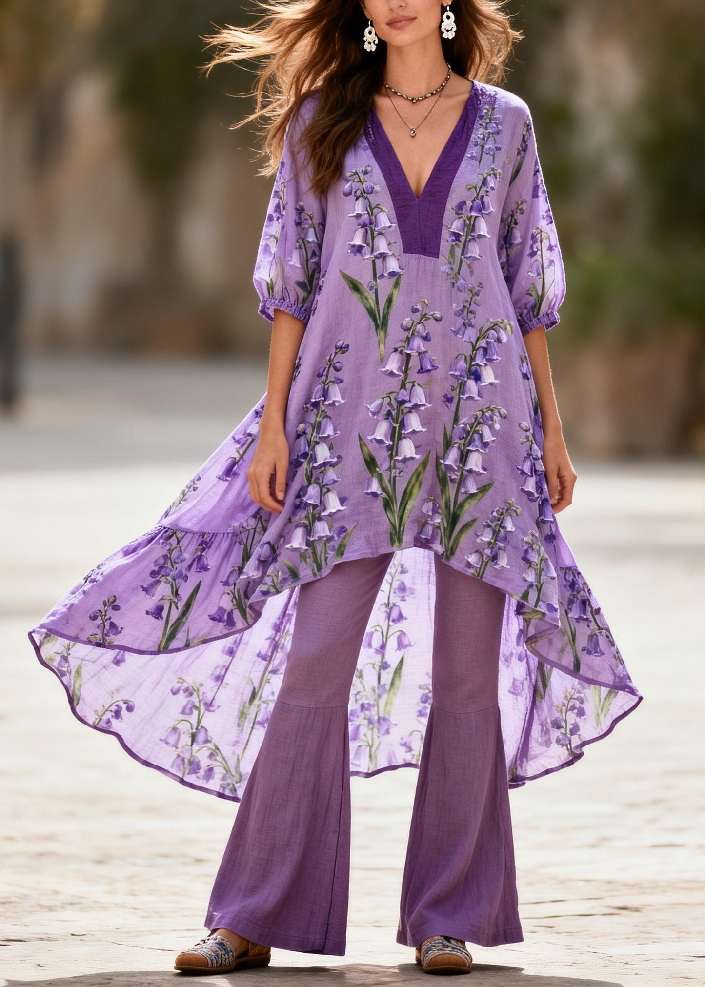 Loose Purple V Neck Print Asymmetrical Design Cotton Two Pieces Set Summer