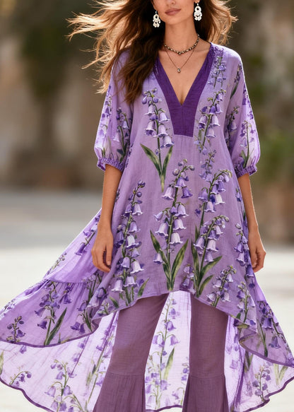 Loose Purple V Neck Print Asymmetrical Design Cotton Two Pieces Set Summer
