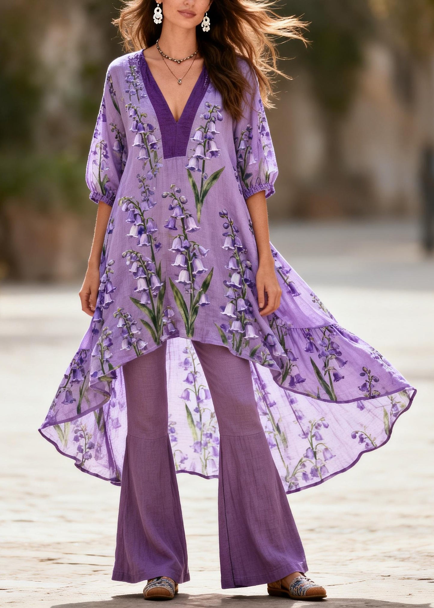 Loose Purple V Neck Print Asymmetrical Design Cotton Two Pieces Set Summer