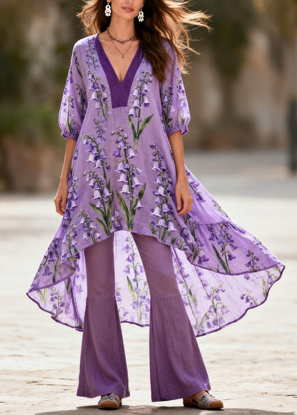 Loose Purple V Neck Print Asymmetrical Design Cotton Two Pieces Set Summer