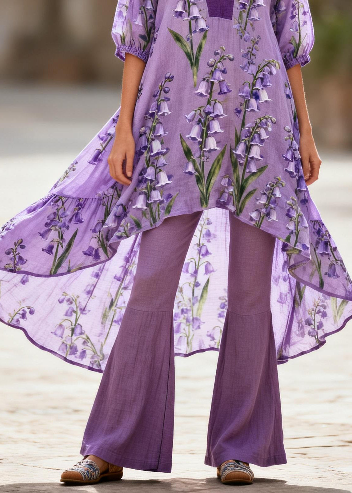Loose Purple V Neck Print Asymmetrical Design Cotton Two Pieces Set Summer