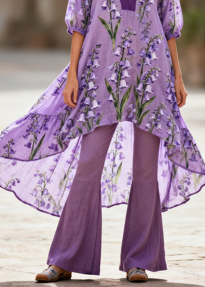 Loose Purple V Neck Print Asymmetrical Design Cotton Two Pieces Set Summer