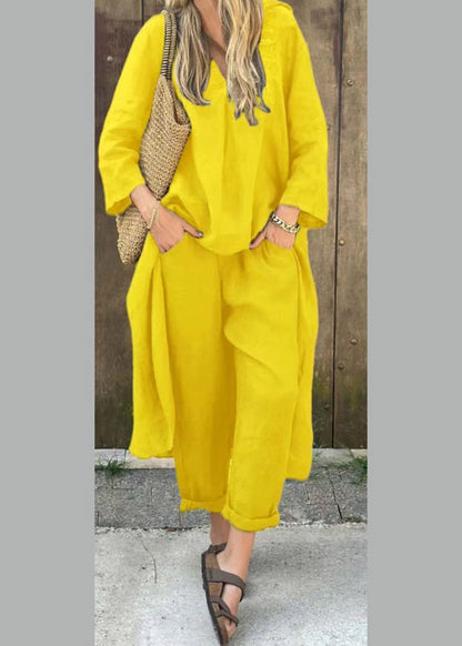 Loose Purple V Neck Shirts And Harem Pants Two Piece Set Three Quarter Sleeve