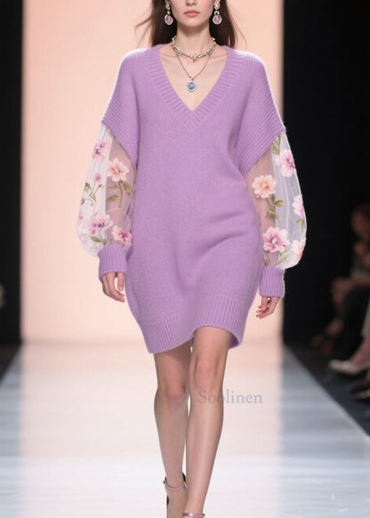 Loose Purple V Neck Tulle Floral Patchwork Knit Mid Dress Fall