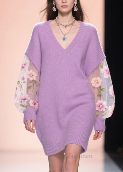 Loose Purple V Neck Tulle Floral Patchwork Knit Mid Dress Fall