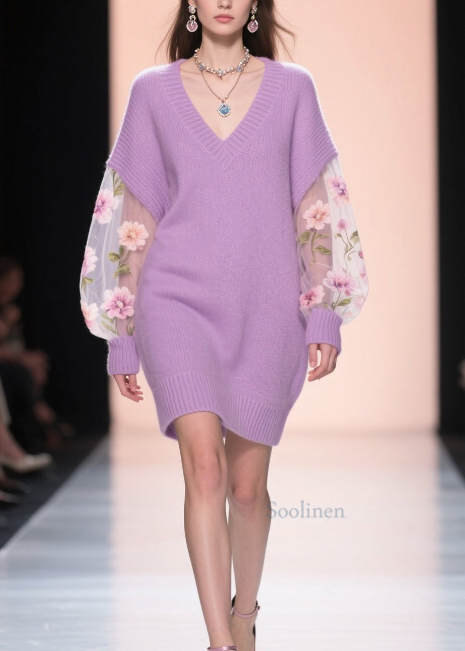 Loose Purple V Neck Tulle Floral Patchwork Knit Mid Dress Fall